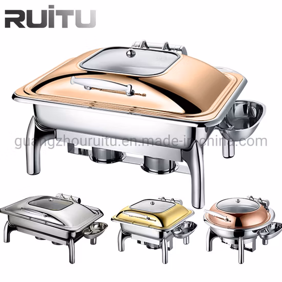 Cafeteria Luxo Ouro Latão Chaffer Prato Aquecedor de Alimentos em Aço Inoxidável Estoque Tampa de Vidro Pratos Chaffin Buffet Catering Aquecedor Exibição Equipamento de Catering para Venda